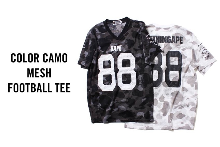 5/23からエイプ (A BATHING APE)カモフラ柄のメッシュフットボールTシャツ「COLOR CAMO MESH FOOTBALL