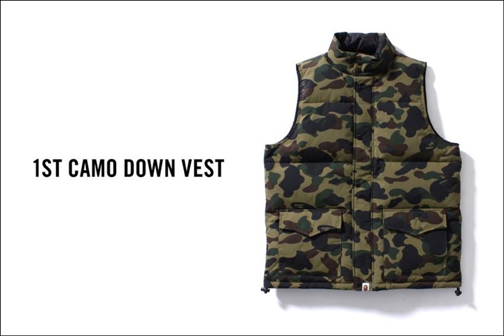 A BATHING APEからオリジナルカモ柄である「1ST CAMO」で仕上げた「1ST CAMO DOWN VEST」が2/20発売！(エイプ)