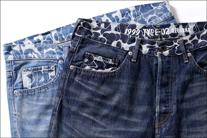 A BATHING APEから帯/コインポケット/後ポケット部分にABC CAMO柄抜染をした仕上げた「WASHED DENIM PANTS」が3/12発売！(エイプ)