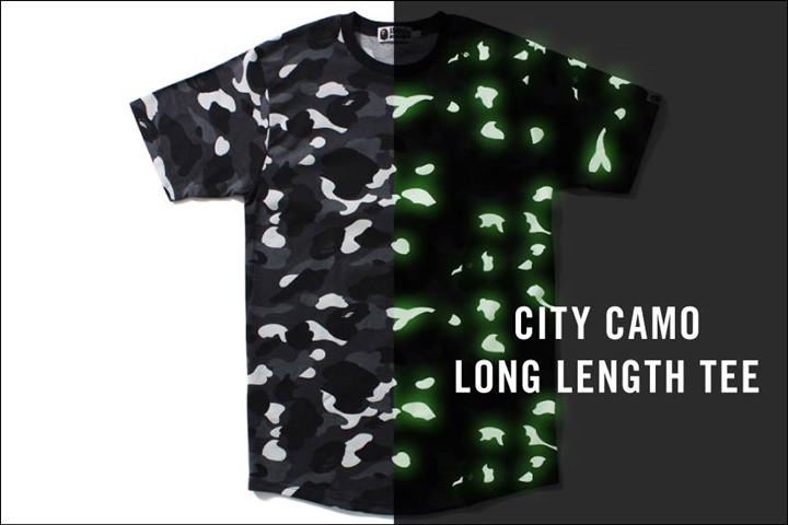 A BATHING APEから暗闇で光る蓄光プリントを使用したCITY CAMOの「LONG LENGTH TEE」が3/19発売！(エイプ)