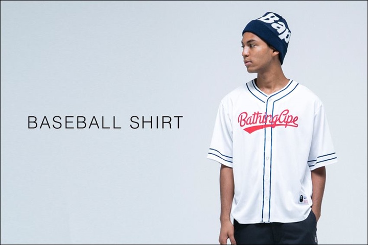 A BATHING APEからアップリケで施されたスポーティーなタイポグラフィ「BASEBALL SHIRT」が4/9発売！(エイプ)