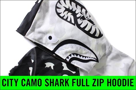 A BATHING APEからブラックとホワイトのCITY CAMOで二等分しシャークモチーフが配した「CITY CAMO SHARK FULL ZIP HOODIE」が4/16発売！(エイプ)