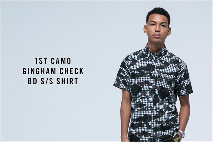 A BATHING APEからギンガムチェックに1ST CAMOを組み合わせた半袖ボタンダウンシャツ「1ST CAMO GINGHAM CHECK BD S/S SHIRT」が5/14発売！(エイプ)