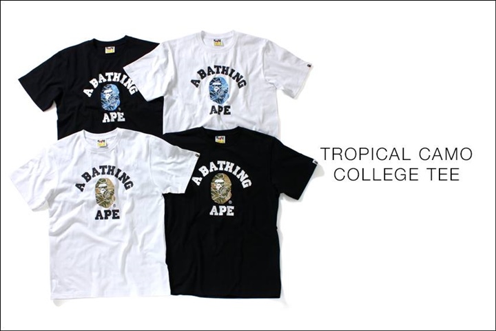 A BATHING APEからトロピカルなカラーリングのカモフラージュ柄「TROPICAL CAMO」をカレッジロゴに落とし込んだ「TROPICAL CAMO COLLEGE TEE」が5/28から発売！(エイプ)