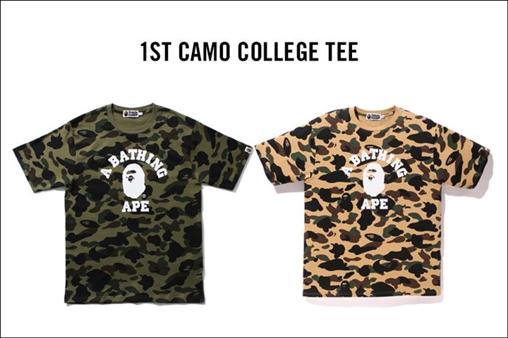 A BATHING APEから定番のカレッジロゴとオリジナルカモ柄を組み合わせた「1ST CAMO COLLEGE TEE」が6/4から発売！(エイプ)