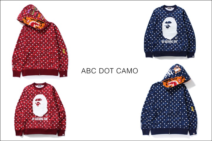 A BATHING APEからBAPEオリジナルカモのABC DOT CAMO柄で仕上げたフルジップフーディーとクルーネックが8/27発売！ (エイプ)