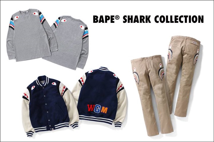 A BATHING APEを代表するデザインであるSHARKモチーフのアイテムの数々がBAPE SHARK COLLECTIONとして9/17発売！今回はVARSITY JACKETやチノパンが！ (エイプ)