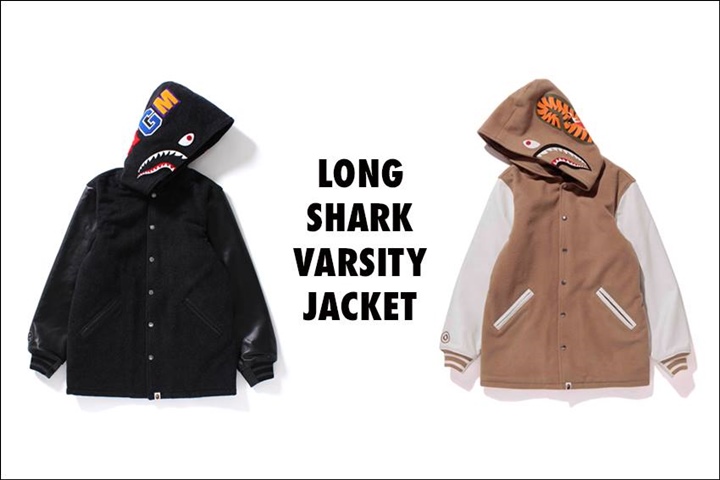 A BATHING APEからウール素材と本革を組み合わせ、素材の特性を活かしたロング丈の「LONG SHARK VARSITY JACKET」が11/19発売！ (ア ベイシング エイプ)