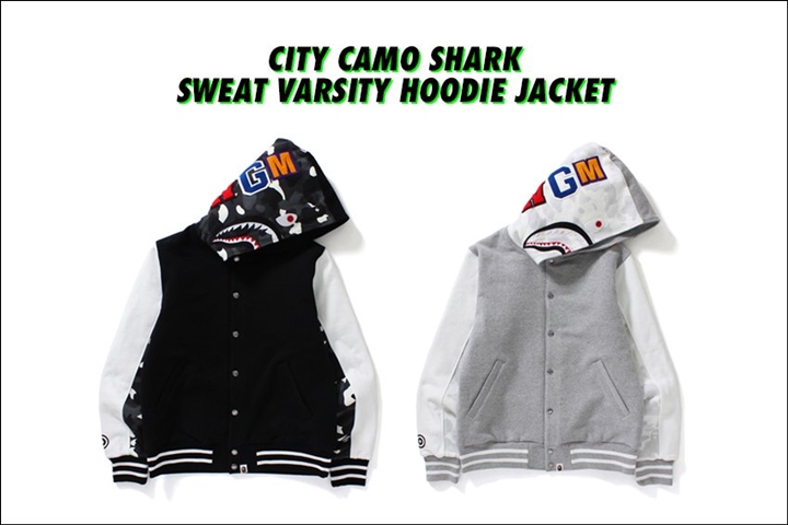 A BATHING APEから暗闇で光る蓄光プリントを使用したCITY CAMOのフード付きバーシティジャケット「CITY CAMO SHARK SWEAT VARSITY HOODIE JACKET」が12/17から発売！ (ア ベイシング エイプ)