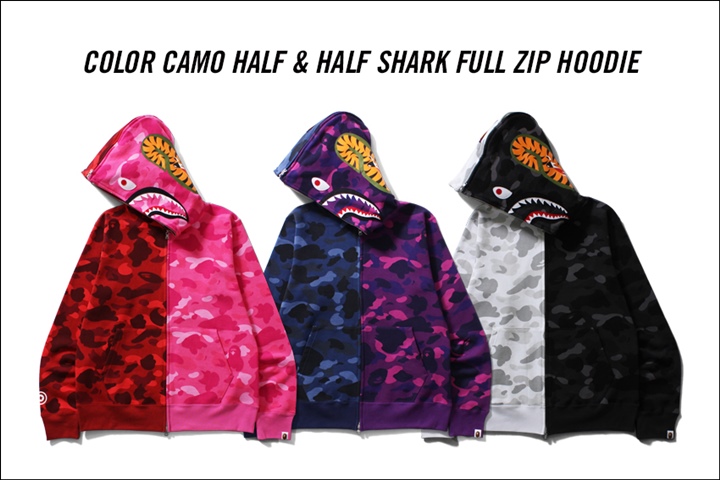 A BATHING APEからシャークモチーフをCOLOR CAMOで仕上げ身頃を左右で切り替えた「COLOR CAMO HALF AND HALF SHARK FULL ZIP HOODIE」が1/7から発売！ (ア ベイシング エイプ)