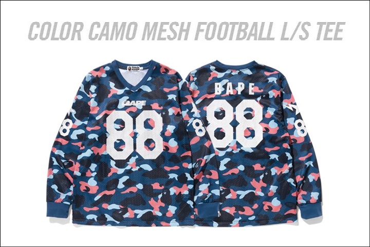 A BATHING APEからCOLOR CAMO柄のメッシュ素材を使用した「COLOR CAMO MESH FOOTBALL L/S TEE」が2/4発売！ (ア ベイシング エイプ)