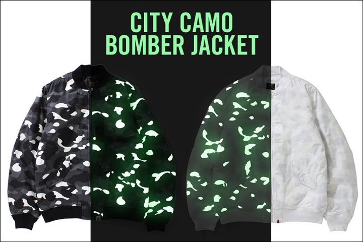 A BATHING APEから蓄光プリントを使用したBAPEオリジナルカモ柄のCITY CAMOで仕上げたボンバージャケットが2/18発売！ (ア ベイシング エイプ)