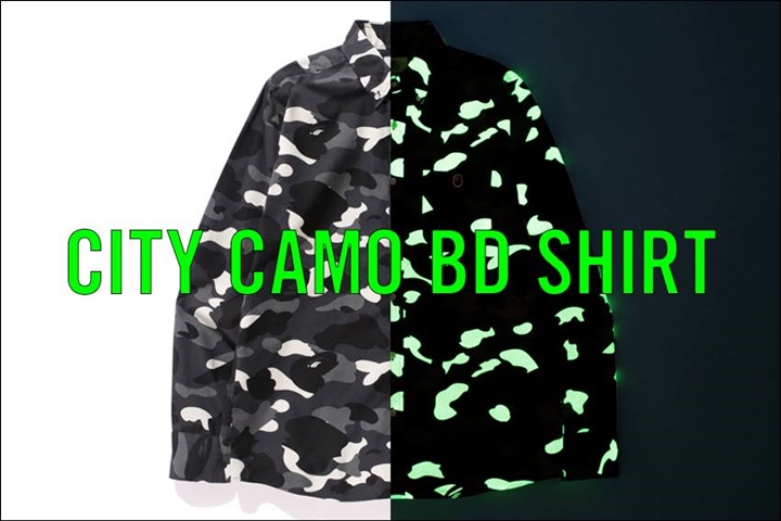 A BATHING APEから蓄光プリントを使用したBAPEオリジナルカモ柄のCITY CAMOで仕上げたボタンダウンシャツが2/18発売！ (ア ベイシング エイプ)