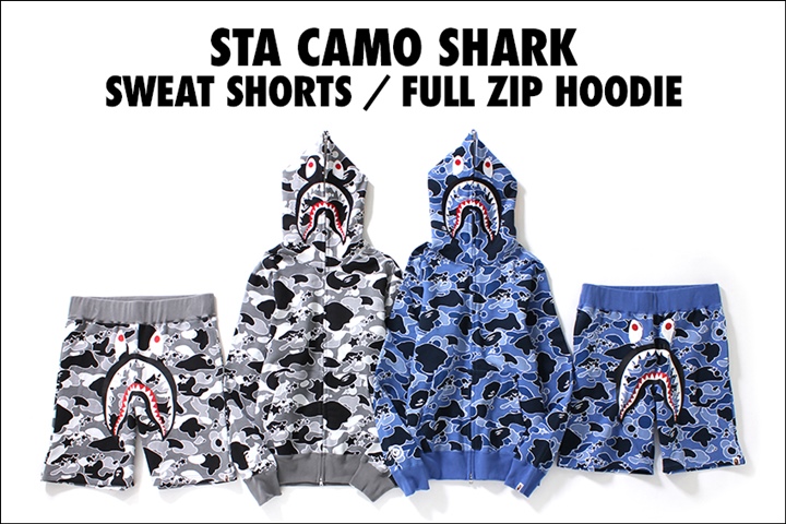 A BATHING APEからSTAとカモフラージュ柄とシャークを組み合わせた「STA CAMO SHARK FULL ZIP HOODIE/SWEAT SHORTS」が限定店舗で5/13から発売 (ア ベイシング エイプ)