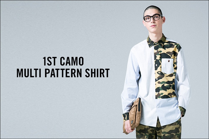 A BATHING APEからストライプ生地とオリジナルカモ柄をマルチパターンに切り替えたデザインが印象的なシャツ「1ST CAMO MULTI PATTERN SHIRT」が5/20から発売 (ア ベイシング エイプ)