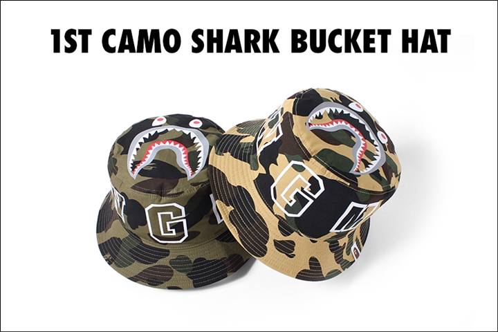 A BATHING APEから1ST CAMO/シャークモチーフ/WGM タイポグラフィを組み合わせたバケットハット「1ST CAMO SHARK BUCKET HAT」が5/20から発売 (ア ベイシング エイプ)