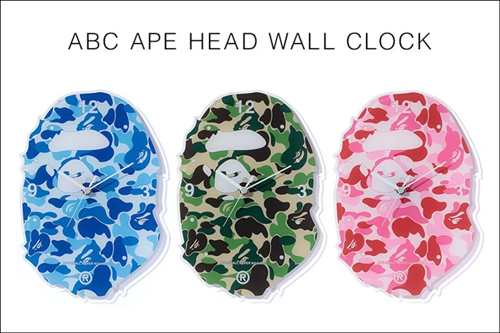 A BATHING APEからABCカモ柄でデザインしたAPE HEAD型の壁時計が6/3から発売 (ア ベイシング エイプ)