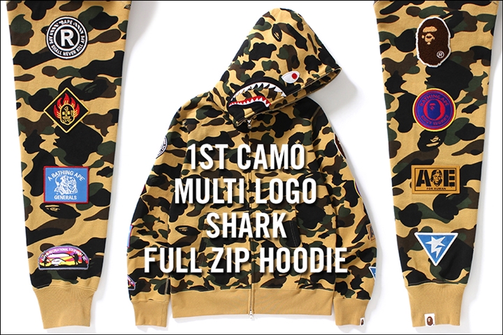 A BATHING APEから1ST CAMOとシャークモチーフを組み合わせたシャークフーディに様々なオリジナルロゴを配した「1ST CAMO MULTI LOGO SHARK FULL ZIP HOODIE」が6/10発売 (ア ベイシング エイプ)