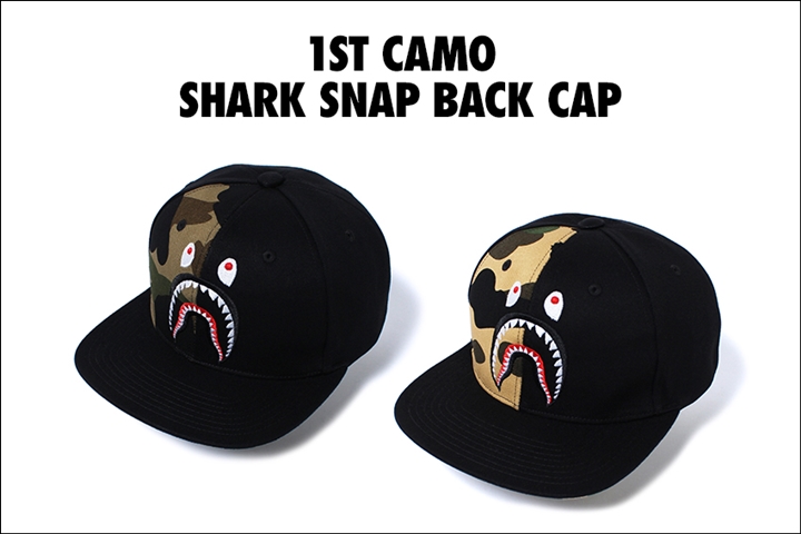 A BATHING APEから1ST CAMOとシャークモチーフで仕上げたスナップバックキャップ「1ST CAMO SHARK SNAP BACK CAP」が6/10発売 (ア ベイシング エイプ)