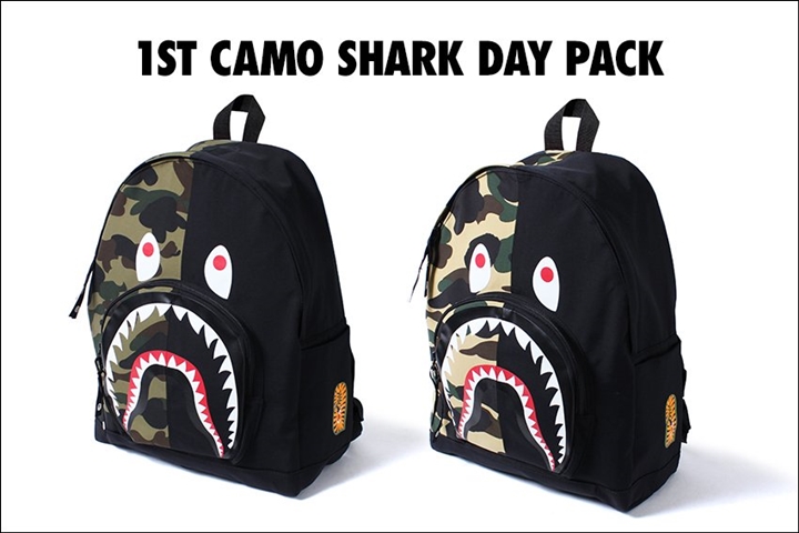 A BATHING APEからシャークモチーフが大胆にデザインされたデイパック「1ST CAMO SHARK DAY PACK」が7/1発売 (ア ベイシング エイプ)