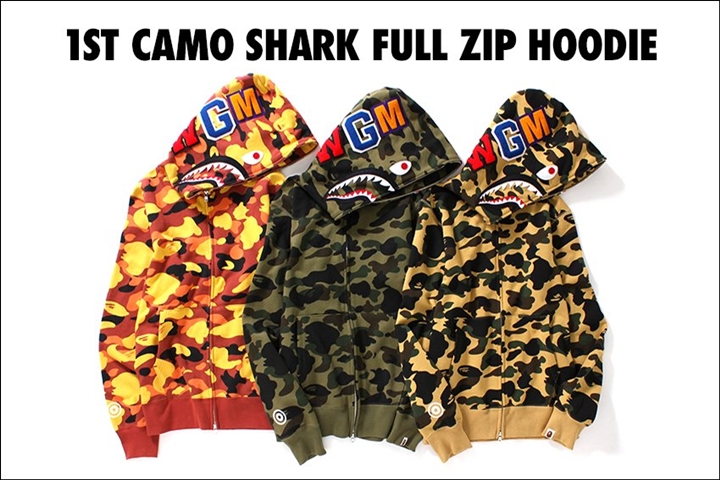 A BATHING APEから2001年にBAPE青山限定でリリースされ反響を巻き起こした「1ST CAMO SHARK FULL ZIP HOODIE」に”Orange”カラーが追加！7/8発売 (ア ベイシング エイプ)