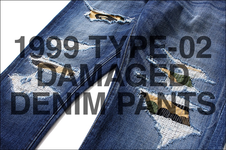 A BATHING APEより上質な生地と熟練の職人による丁寧な縫製、加工技術が光るMADE IN JAPANを体感できるデニムパンツ「1999 TYPE-02 DAMAGED DENIM PANTS」が7/29発売 (ア ベイシング エイプ)