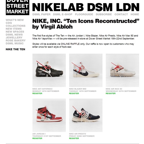 【抽選】DSMLにてOFF-WHITE c/o VIRGIL ABLOH × NIKE “The Ten” (オフホワイト ナイキ)が9/18～9/22にわけてリリース！ (オフホワイト ナイキ)