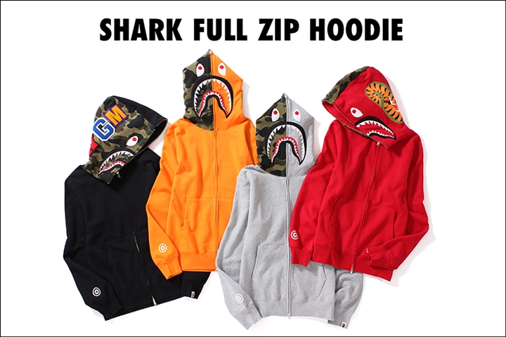 A BATHING APEからブラック/グレー/レッド/オレンジカラーのシャークフーディ「SHARK FULL ZIP HOODIE」が9/23発売！ (ア ベイシング エイプ)