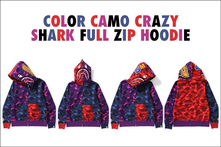 A BATHING APEからCOLOR CAMOのレッド、ネイビー、パープルを使ったクレイジーパターンのシャークフルジップフーディー「COLOR CAMO CRAZY SHARK FULL ZIP HOODIE」が9/30発売！ (ア ベイシング エイプ)