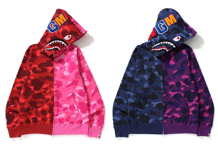 A BATHING APEからハーフ&ハーフのCOLOR CAMO柄で仕上げたフルジップフーディー「COLOR CAMO 1/2 SHARK FULL ZIP HOODIE」が10/14発売！ (ア ベイシング エイプ)