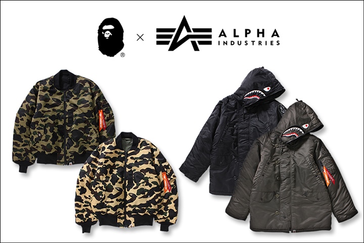 A BATHING APE x ALPHA INDUSTRIESとのコラボで「1ST CAMO MA-1 / SHARK N-3B」が10/14発売 (ア ベイシング エイプ アルファ インダストリーズ)