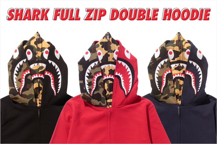 A BATHING APEからシャークフルジップフーディのフーディ部分を重ねダブルフーディに仕上げた「SHARK FULL ZIP DOUBLE HOODIE」が12/23発売 (ア ベイシング エイプ)