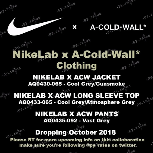 【リーク】2018年10月発売予定！A-COLD-WALL × NIKELAB アパレルコレクションが展開 (ア コールド ウォール ナイキラボ) [AQ0403,AQ0433-065,AQ0435-092]