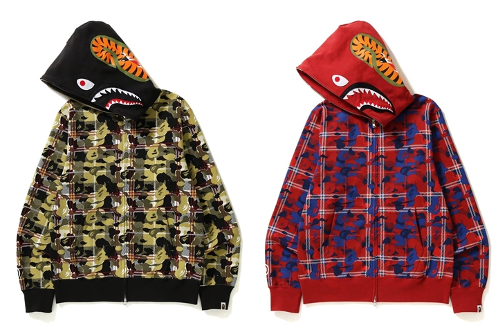 A BATHING APEから独自のCHECK CAMOで仕上げ、フード部分にはシャークモチーフを配したフルジップフーディー「CHECK CAMO SHARK FULL ZIP HOODIE」が1/13発売 (ア ベイシング エイプ)