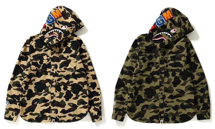 A BATHING APEから1ST CAMOでフード部分にはシャークモチーフを配したフーディーシャツ「1ST CAMO SHARK HOODIE SHIRT」が1/20発売 (ア ベイシング エイプ)