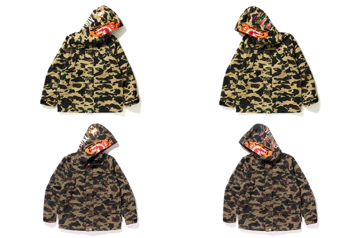 A BATHING APEから1ST CAMOでフード部分にはシャークモチーフを配したスノーボード用ジャケット「1ST CAMO TIGER SNOWBOARD JACKET」が1/20発売 (ア ベイシング エイプ)