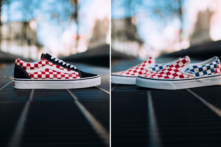 VANS CHECKERBOARD OLD SKOOL “Black/Red”,Slip-On “Red/Blue” (バンズ チェッカーボード オールドスクール スリッポン)