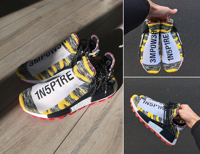 【リーク/サンプル】イエローベースのPharrell Williams x adidas Originals NMD “HUMAN RACE” 「3MP0W3R/1N5P1RE」 (ファレル・ウィリアムス アディダス オリジナルス エヌ エム ディー “ヒューマン レース” 2018)