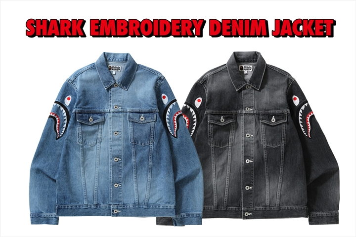 A BATHING APEからシャークモチーフが両袖に刺繍されたデニムジャケット「SHARK EMBROIDERY DENIM JACKET」が3/3発売 (ア ベイシング エイプ)