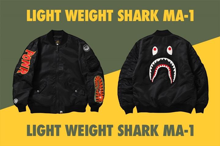 A BATHING APEからシャークモチーフを配し軽い着心地で春先から秋口にかけて着回せる「LIGHT WEIGHT SHARK MA-1」が3/3発売 (ア ベイシング エイプ)