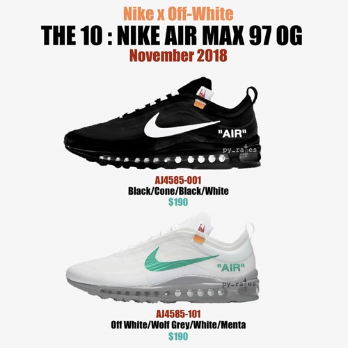 【リーク】2018/11発売！OFF-WHITE c/o VIRGIL ABLOH × NIKE AIR MAX 97 “Black/Off White” “Part 2” (オフホワイト ナイキ エア マックス 97 “パート 2” “ブラック/オフ ホワイト”) [AJ4585-001,101]