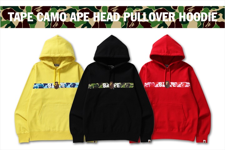 A BATHING APEからABC CAMOにAPE HEADを組み合わせたテープが配置されたプルオーバーフーディ「TAPE CAMO APE HEAD PULLOVER HOODIE」が3/31から発売 (ア ベイシング エイプ)