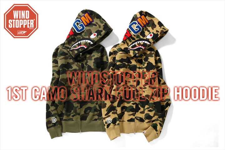 A BATHING APEからウィンドストッパーファブリクスを使用したシャークフルジップフーディ「WINDSTOPPER 1ST CAMO SHARK FULL ZIP HOODIE」が3/31発売 (ア ベイシング エイプ)