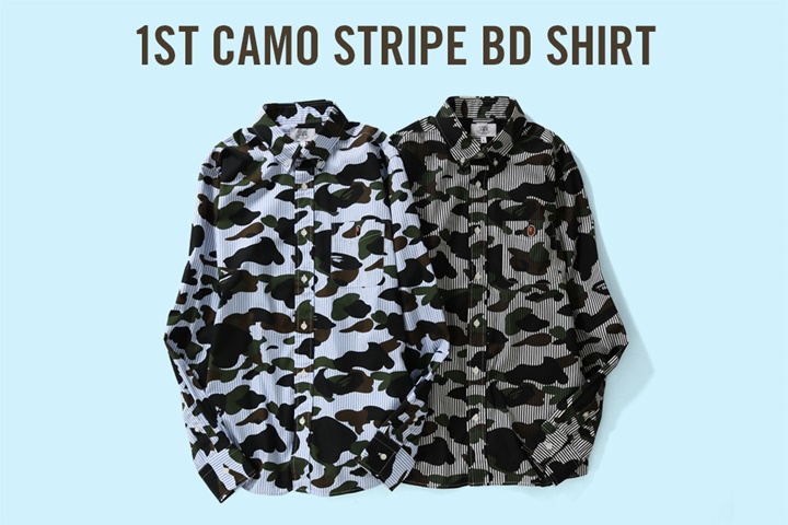 A BATHING APEから1ST CAMOとストライプ柄を組み合わせたボタンダウンシャツ「1ST CAMO STRIPE BD SHIRT」が3/31発売 (ア ベイシング エイプ)