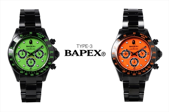 A BATHING APE オリジナルリストウォッチ「TYPE 3 BAPEX」が蛍光グリーンと蛍光オレンジの2色展開の2色展開で4/7から発売 (ア ベイシング エイプ)