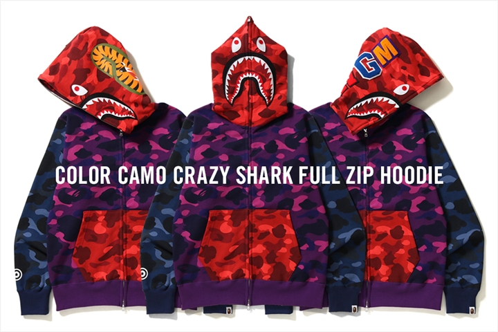 A BATHING APEからCOLOR CAMOのレッド、ネイビー、パープルを使ったクレイジーパターンのシャークフルジップフーディー「COLOR CAMO CRAZY SHARK FULL ZIP HOODIE」が4/14発売 (ア ベイシング エイプ)