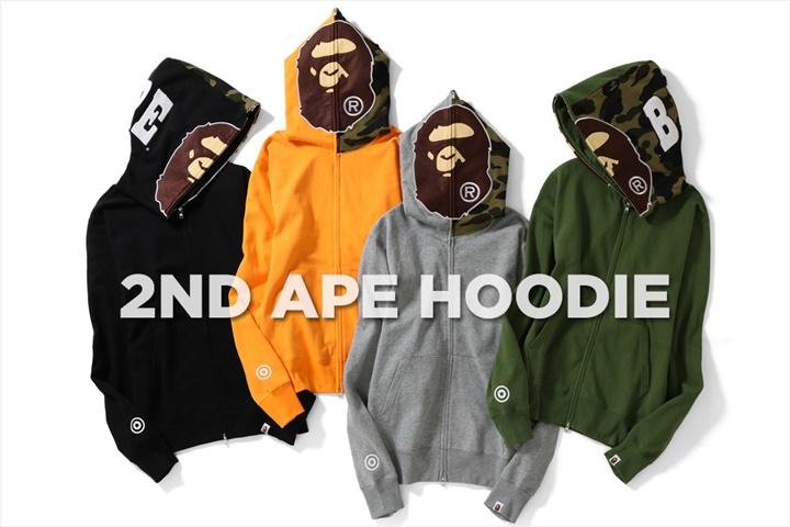 A BATHING APEからエイプヘッドをフード部分にあしらった、フルジップフーディ「"APE HOODIE" 2ND MODEL」が4/14から発売 (ア ベイシング エイプ)