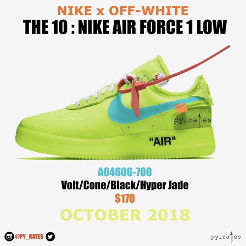 【リーク】2018/10発売！OFF-WHITE c/o VIRGIL ABLOH × NIKE AIR FORCE 1 LOW “Volt” “Part 2” (オフホワイト ナイキ エア フォース 1 ロー “パート 2” “ボルト”) [AO4606-700]