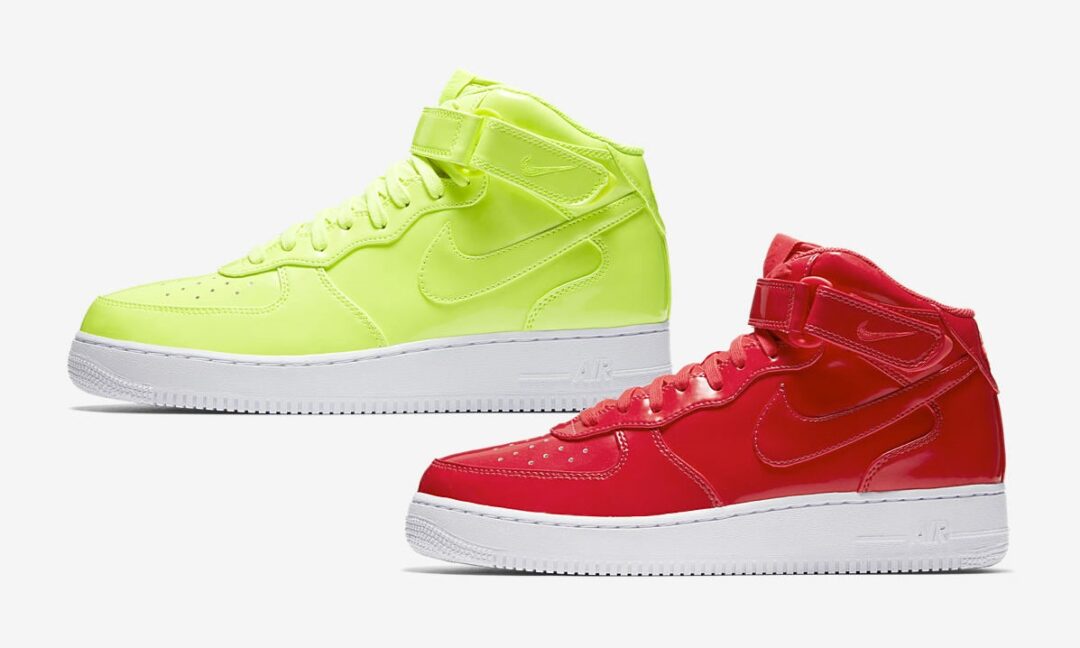 蛍光パテントレザーをまとったナイキ エア フォース 1 ミッド 07 LV8 “パテント レザー パック” (NIKE AIR FORCE 1 MID 07 LV8 “Patent Leather Pack”) [AO0702-600,700]