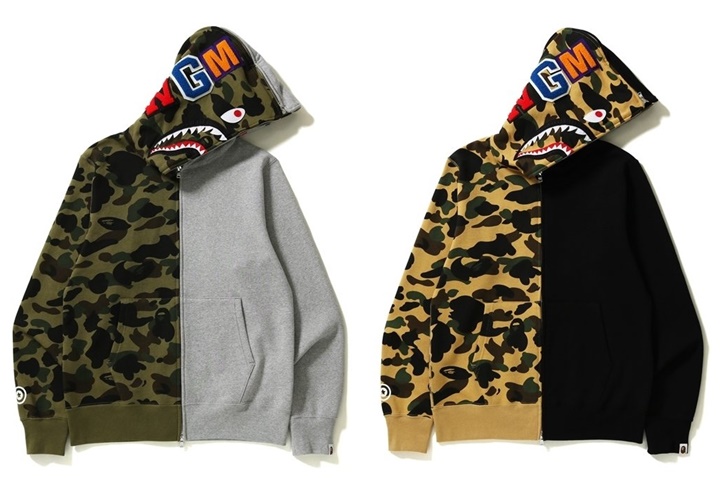 A BATHING APEから半身がカモ+シャークを使用したフルジップフーディ「1ST CAMO HALF&HALF FULL ZIP HOODIE」が4/28発売 (ア ベイシング エイプ)